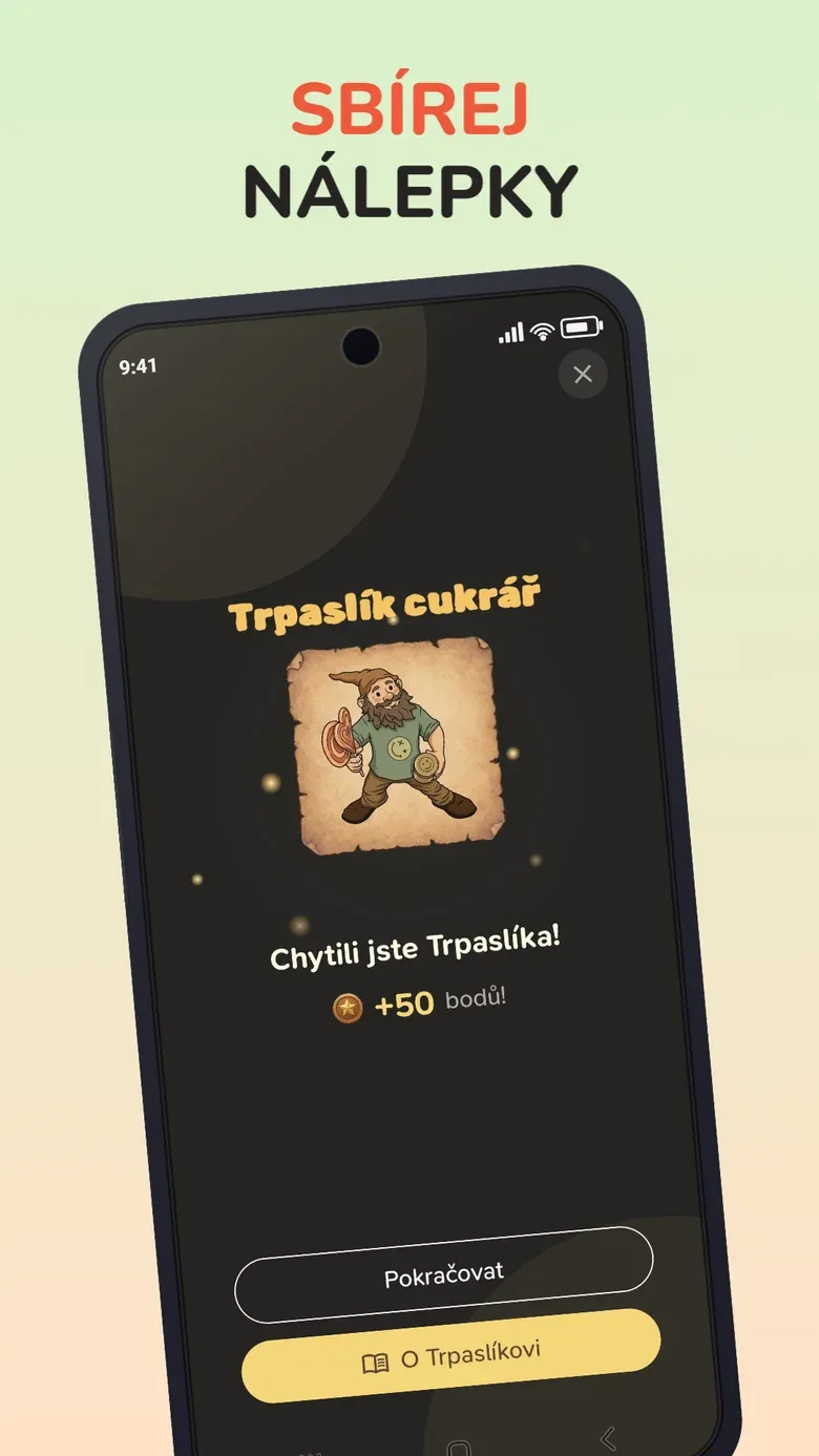Obrazovka aplikace: SBÍREJ NÁLEPKY