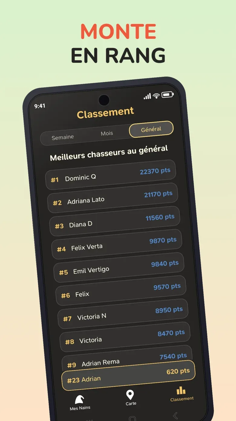 Écran de l’application: Grimpe dans le classement