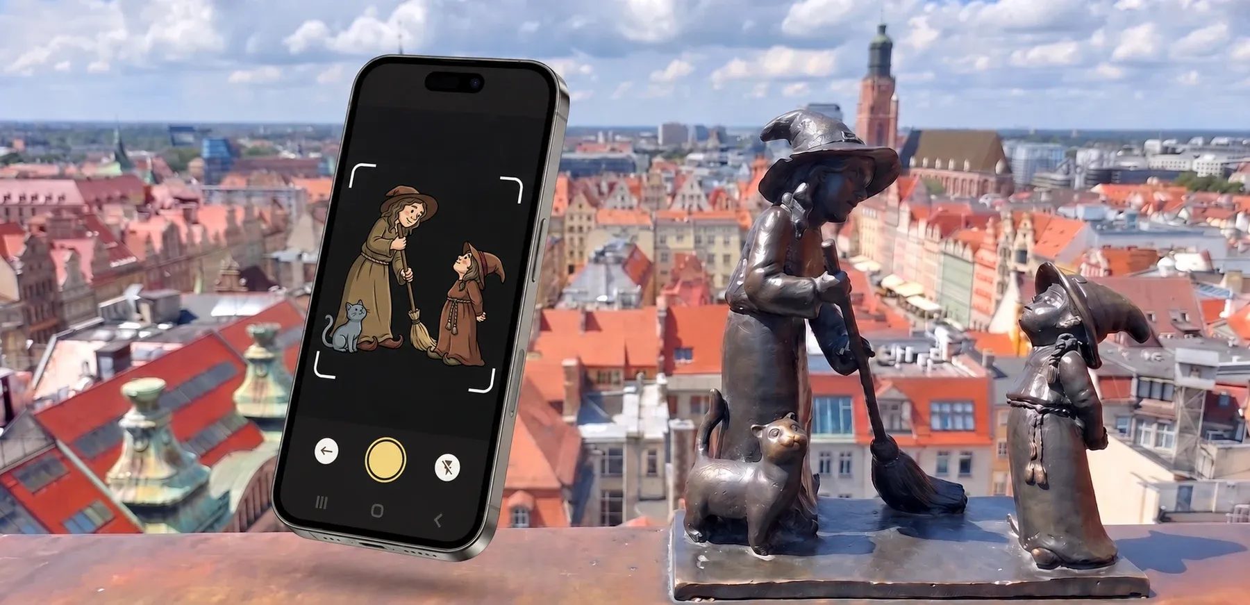 Bronzoví trpaslíci a aplikace na pozadí panoramatu Vratislavi